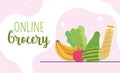 Online market, fruit vegetable and bread food grocery shop home delivery Royalty Free Stock Photo