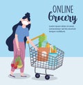 Online market, girl with mask shopping cart and eco friendly bag, food delivery in grocery store Royalty Free Stock Photo