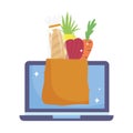 Online market, laptop food grocery shop home delivery