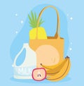 Online market, milk banana apple bag, food delivery in grocery store