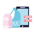 Online market, smartphone milk boxes and bottle, food delivery in grocery store