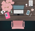Online marketing blogger workspace. Vector desktop design. Online service equipment. Global media lifestyle office