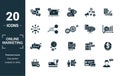 Online Marketing icon set. Include creative elements email marketing, mobile marketing, referral, marketing plan, social icons.