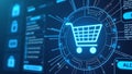 Online marketplace interface featuring a sleek shopping cart icon in a futuristic, tech-driven design.