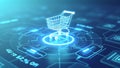 Online marketplace interface featuring a sleek shopping cart icon in a futuristic, tech-driven design.