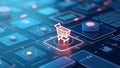 Online marketplace interface featuring a sleek shopping cart icon in a futuristic, tech-driven design.