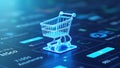 Online marketplace interface featuring a sleek shopping cart icon in a futuristic, tech-driven design.