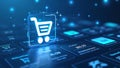 Online marketplace interface featuring a sleek shopping cart icon in a futuristic, tech-driven design.