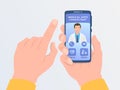 Online medical consultations with doctor concept with hand hold smartphone modern flat style Royalty Free Stock Photo