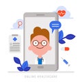 Online medical health Care concept illustration. medical advice from doctor on smartphone. flat design cartoon character