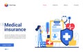 Online medical insurance vector illustration, cartoon flat website interface design with insurer doctor character