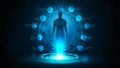 Online medicine, blue poster with silhouette of human inside blue portal made of digital rings in dark empty scene