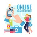 Online medicine, family doctor at mobile vector illustration. Medical health care for patient, hospital consultation at Royalty Free Stock Photo