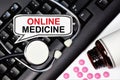 Online medicine. Information label on the keyboard .