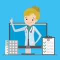 Online medicine, medical consultation,happy female doctor character