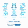 Online medicine, telemedicine thin line icons set