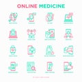 Online medicine, telemedicine thin line icons set: pill timer, ambulance online, medical drone, medical tracker, mHealth,