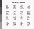 Online medicine, telemedicine thin line icons set: pill timer, ambulance online, medical drone, medical tracker, mHealth,