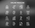 Online medicine, telemedicine thin line icons set: pill timer, ambulance online, medical drone, medical tracker, mHealth,