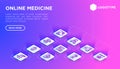 Online medicine web page template with thin line isometric icons: pill timer, ambulance online, medical drone, medical tracker,