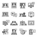 Online meeting communication bold black silhouette icons set isolated on white. Video conference