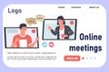 Online meeting landing page. Virtual video call, freelance workers talking with partners, man and woman on computer