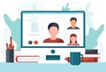 Online meeting via group call. Dialogue or conversation between colleagues or clerks. Flat cartoon colorful vector stock illustrat