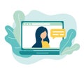 Online meeting via group call icon. Woman talking to friends, coleagues in video conference at office or home. Vector in Royalty Free Stock Photo