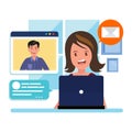 Online meeting via group call. Man talking to friends in video conference. Vector illustration Royalty Free Stock Photo