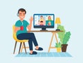 Online meeting via group call. Man talking to friends in video conference. Vector illustration Royalty Free Stock Photo