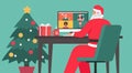 Santa Claus sitting at the desk and using a laptop chatting to people at his office