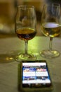 Always online and sherry wine tasting, selection of different jerez fortified wines made from palamino, pedro ximenez and muscat Royalty Free Stock Photo