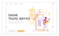 Online Mobile Application for Travelers Landing Page Template. Happy Woman Backpacker Character Booking Ticket