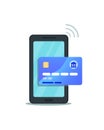 Online mobile banking, wallet, money transfer concept. Flat design of smartphone with secure wireless payment processing via credi Royalty Free Stock Photo