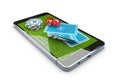 Online mobile casino background. Poker app online concept. Smart phone with chips, cards. Royalty Free Stock Photo