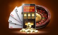 Online mobile casino banner. Smartphone with casino slot machine and golden realistic coins , playing cards, roulette . Vector gam Royalty Free Stock Photo