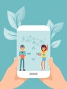 Online mobile music, hand hold mobile gadget, tiny character people dance flat vector illustration. Modern musical