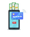 Online mobile payment and money transfer concept. Flat smartphone icon design with pay button on touch screen isolated Royalty Free Stock Photo