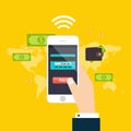 Online and mobile payments concept. Human hand finger pressing Royalty Free Stock Photo