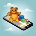Isometric online e-commerce toy shop. Searching for gift. Home delivery.