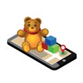 Isometric online e-commerce toy shop. Searching for gift. Home delivery. Cute teddy bear and colorful cubes on mobile