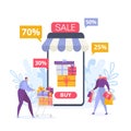 Online mobile shopping and sale, buyers people vector illustration isolated. Royalty Free Stock Photo