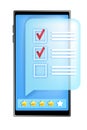 Online mobile survey questionnaire form vector illustration, smartphone screen, star rating, checklist, box.