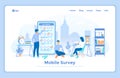 Online mobile survey testing questionnaire. Phone screen with online filling forms and check marks. A group of people making onlin