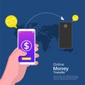 Online money transfer concept. Hands holding smartphone to transfer money via internet with map, dollar and arrow symbol. Can be