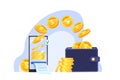Online money transfer or safe internet payment financial vector concept with wallet, flying coins, smartphone.