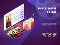 Online movie concept with isomeric set-up, movie playing on desk