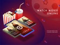 Online movie concept with isomeric set-up, movie playing on smart phone screens with 3D glasses, cold drink and popcorns.