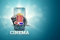 Online movies, cinemas, an image of popcorn, 3d glasses, a movie film and a blackboard on a blue background. The concept of a Royalty Free Stock Photo