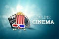 Online movies, cinemas, an image of popcorn, 3d glasses, a movie film and a blackboard on a blue background. The concept of a Royalty Free Stock Photo